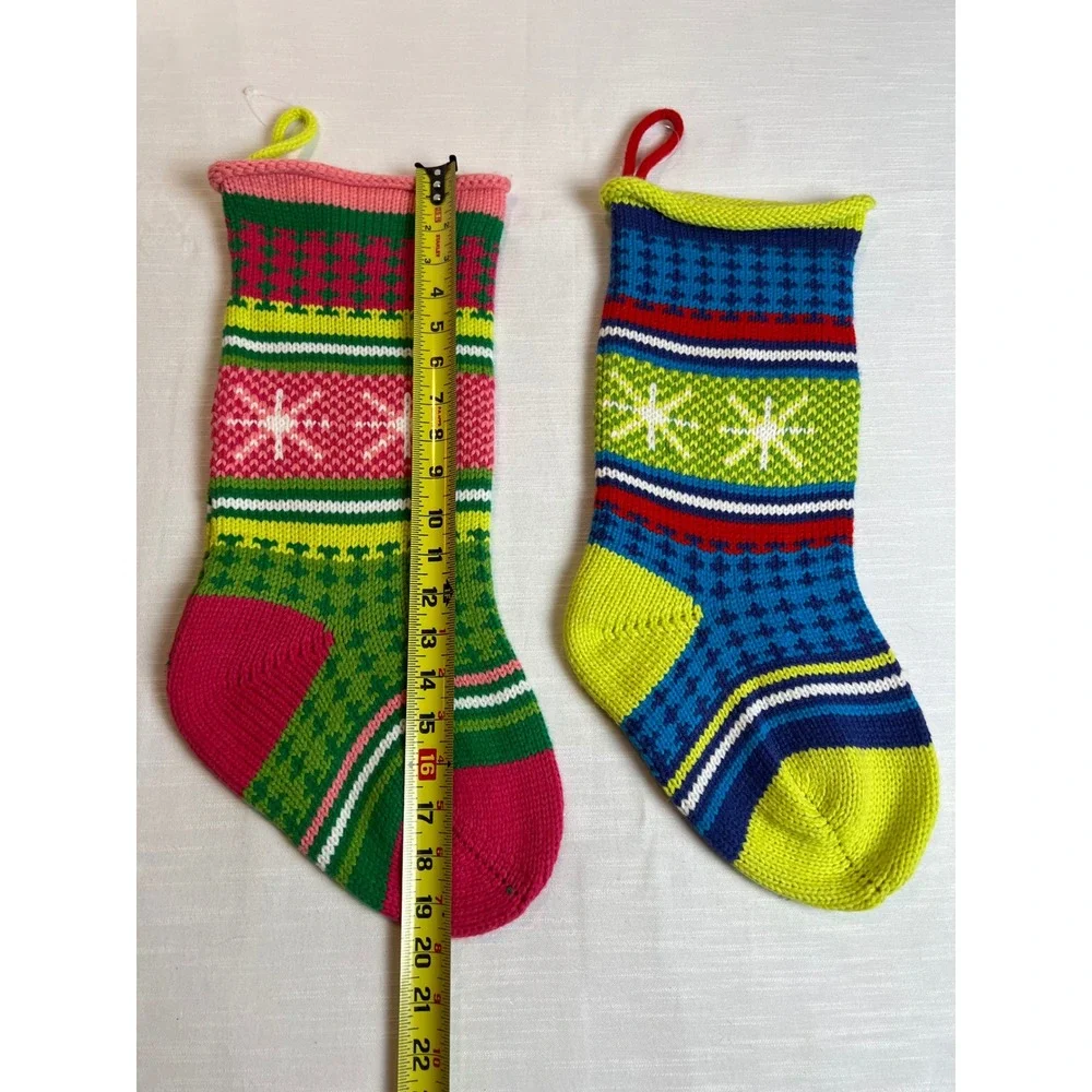 Set of 2 Colorful Knit Christmas Stockings Snowflake Stripes Pink Blue Green